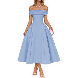 Women's Blue Elegant Off Shoulder Short Sleeve Swing A Line Party Midi Dress